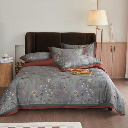 91家纺网 家纺一手货源 找家纺 总由丽 新款100S数码印花美式复古风四件套被尾双边款