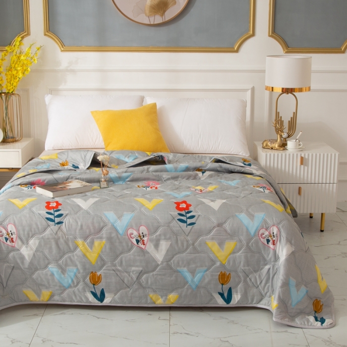 91家纺网 家纺一手货源 找家纺 爱派 2022新款磨毛印花夏凉被夏被空调被 花开半夏(灰)