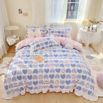 91家纺网 家纺一手货源 找家纺 眠屿 2022春夏新品全棉印花花边款四件套 心愿兔