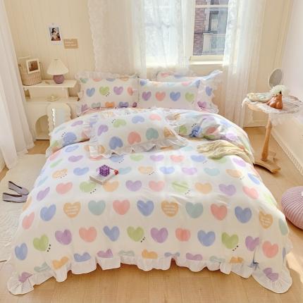 眠屿 2022春夏新品全棉印花花边款四件套 彩色心语