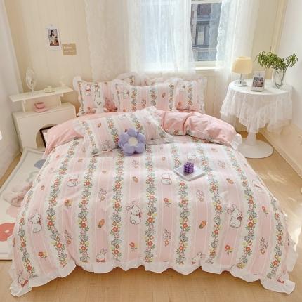 眠屿 2022春夏新品全棉印花花边款四件套 花园兔