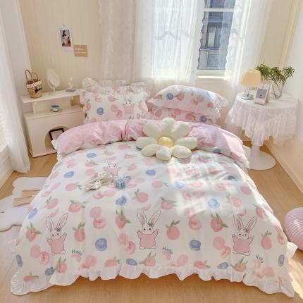 眠屿 2022春夏新品全棉印花花边款四件套 蜜桃兔