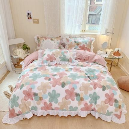 眠屿 2022春夏新品全棉印花花边款四件套 七色堇