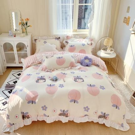 眠屿 2022春夏新品全棉印花花边款四件套 桃心少女