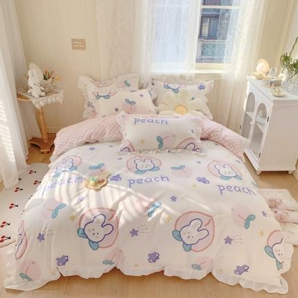 眠屿 2022春夏新品全棉印花花边款四件套 兔桃桃