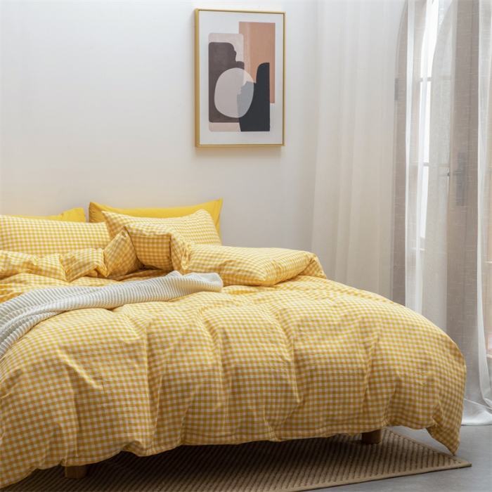 91家纺网 家纺一手货源 找家纺 棉邦 2022新款全棉色织水洗棉四件套 黄小格