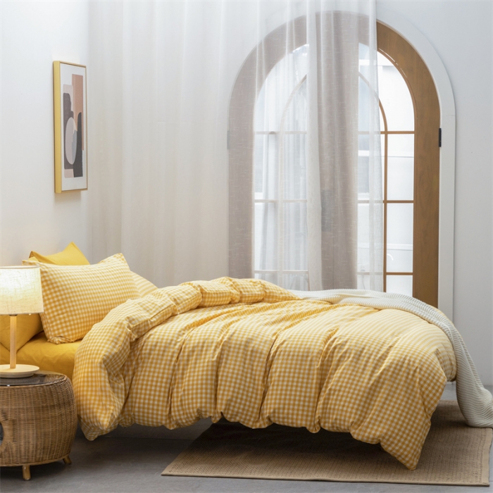 91家纺网 家纺一手货源 找家纺 棉邦 2022新款全棉色织水洗棉四件套 黄小格