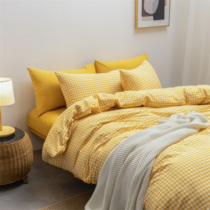 91家纺网 家纺一手货源 找家纺 棉邦 2022新款全棉色织水洗棉四件套 黄小格