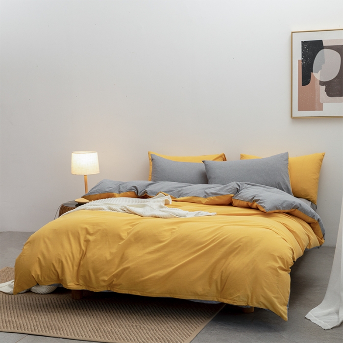 91家纺网 家纺一手货源 找家纺 棉邦 2022新款全棉色织水洗棉四件套 姜黄+浅灰