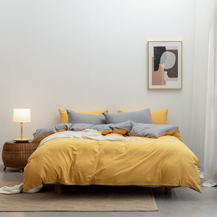 91家纺网 家纺一手货源 找家纺 棉邦 2022新款全棉色织水洗棉四件套 姜黄+浅灰