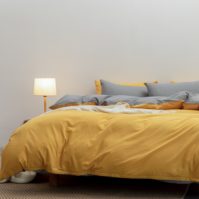 91家纺网 家纺一手货源 找家纺 棉邦 2022新款全棉色织水洗棉四件套 姜黄+浅灰