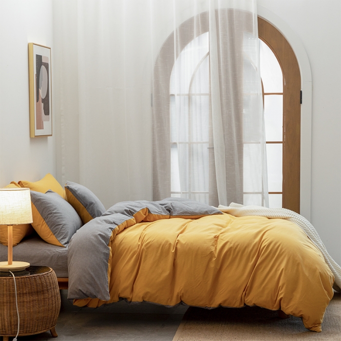 91家纺网 家纺一手货源 找家纺 棉邦 2022新款全棉色织水洗棉四件套 姜黄+浅灰