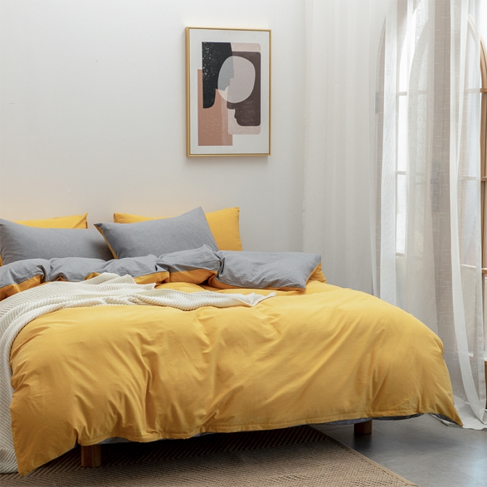 91家纺网 家纺一手货源 找家纺 棉邦 2022新款全棉色织水洗棉四件套 姜黄+浅灰