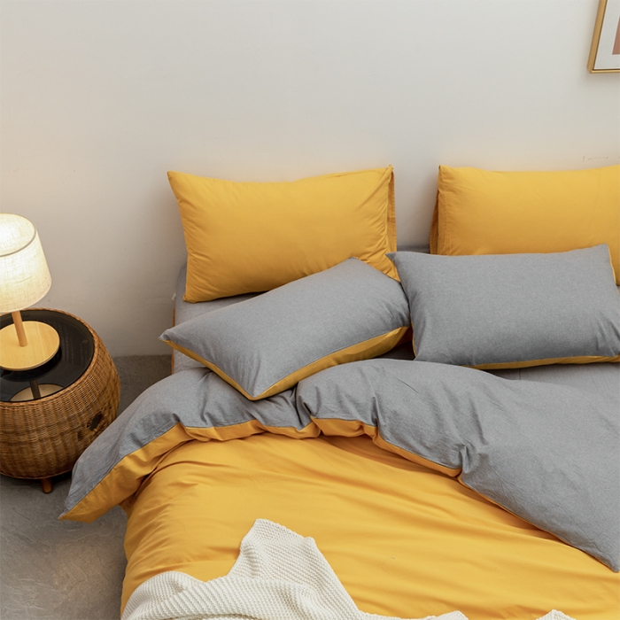 91家纺网 家纺一手货源 找家纺 棉邦 2022新款全棉色织水洗棉四件套 姜黄+浅灰