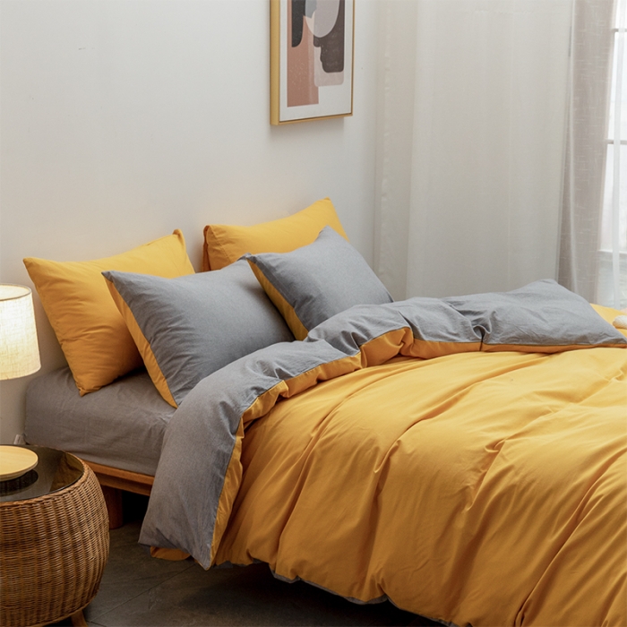 91家纺网 家纺一手货源 找家纺 棉邦 2022新款全棉色织水洗棉四件套 姜黄+浅灰