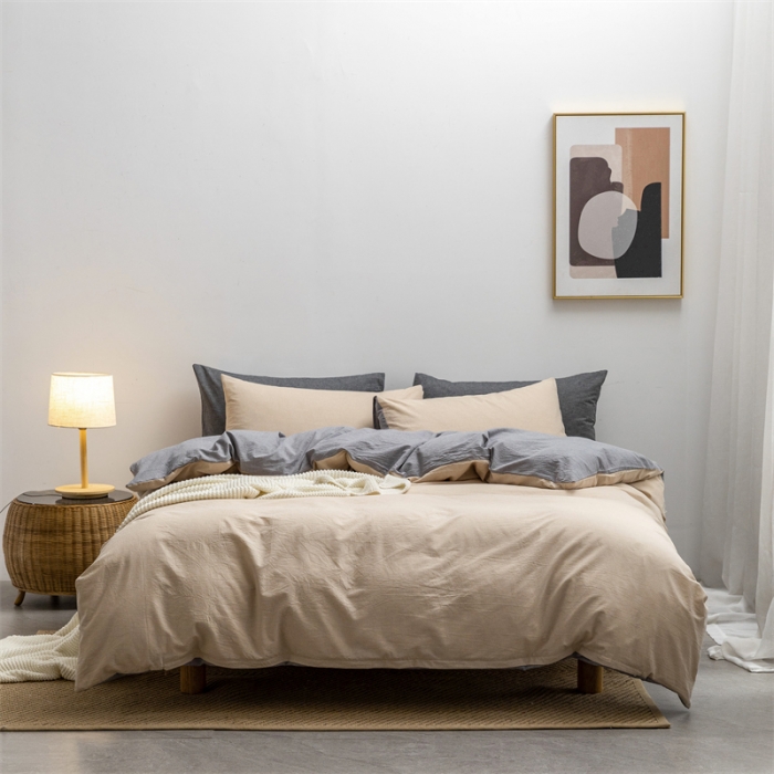 91家纺网 家纺一手货源 找家纺 棉邦 2022新款全棉色织水洗棉四件套 卡其+浅灰