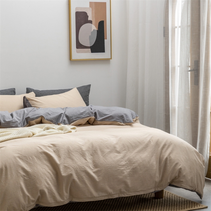 91家纺网 家纺一手货源 找家纺 棉邦 2022新款全棉色织水洗棉四件套 卡其+浅灰