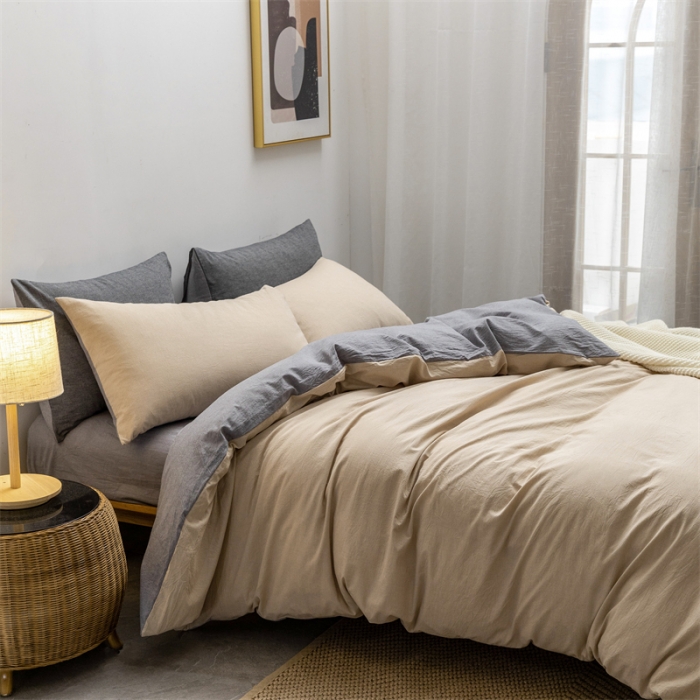 91家纺网 家纺一手货源 找家纺 棉邦 2022新款全棉色织水洗棉四件套 卡其+浅灰