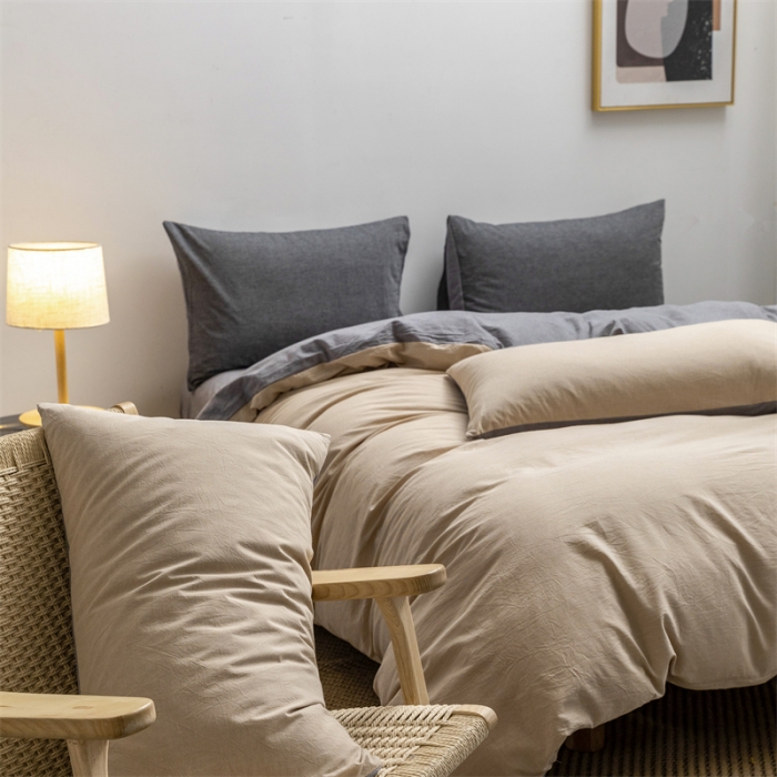 91家纺网 家纺一手货源 找家纺 棉邦 2022新款全棉色织水洗棉四件套 卡其+浅灰