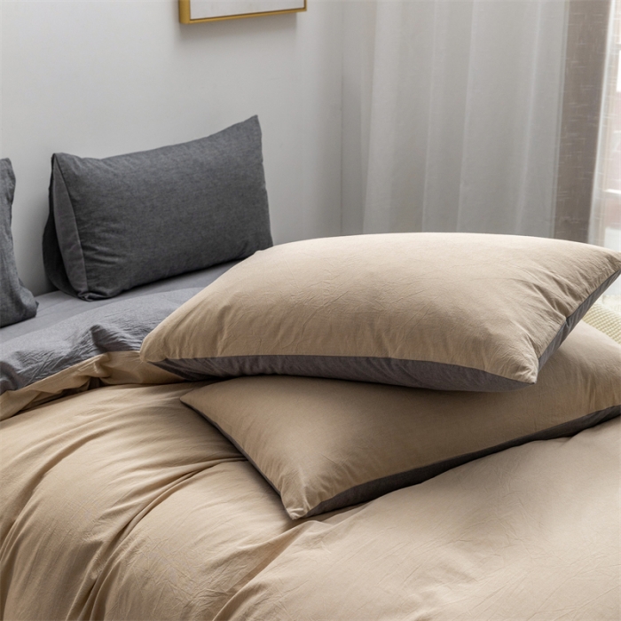 91家纺网 家纺一手货源 找家纺 棉邦 2022新款全棉色织水洗棉四件套 卡其+浅灰