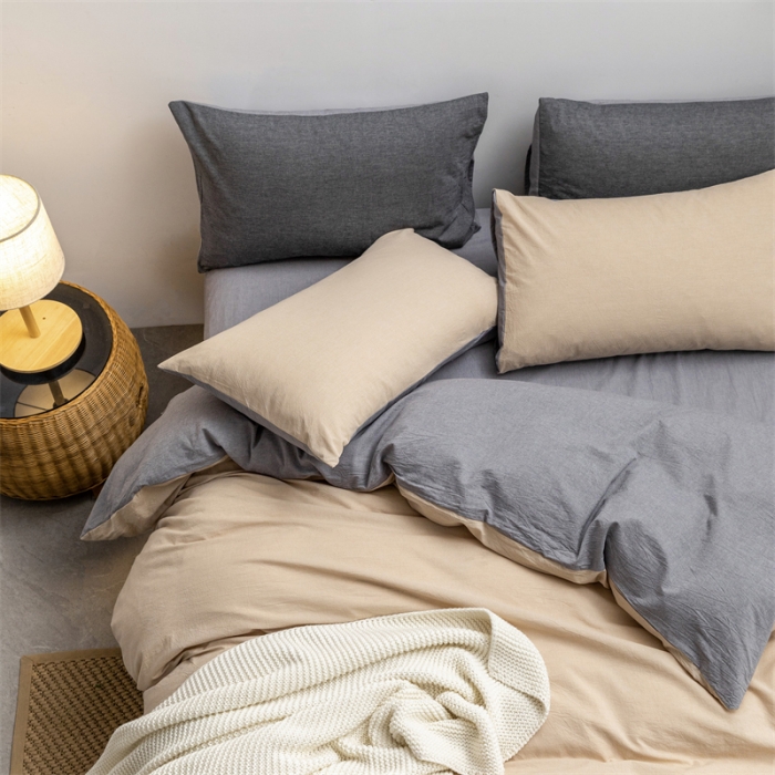 91家纺网 家纺一手货源 找家纺 棉邦 2022新款全棉色织水洗棉四件套 卡其+浅灰