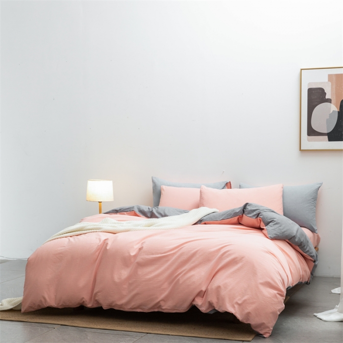 91家纺网 家纺一手货源 找家纺 棉邦 2022新款全棉色织水洗棉四件套 浅粉+浅灰