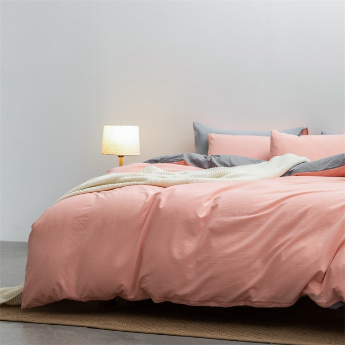 91家纺网 家纺一手货源 找家纺 棉邦 2022新款全棉色织水洗棉四件套 浅粉+浅灰