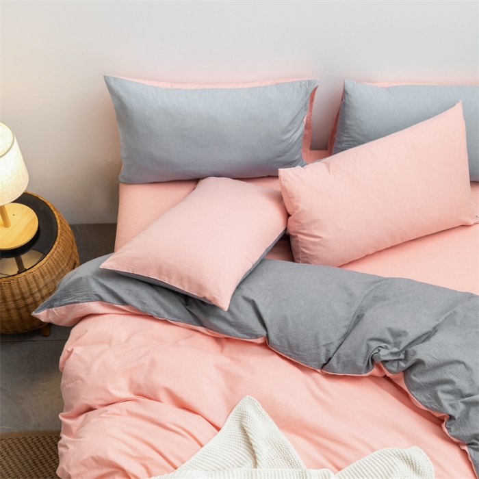 91家纺网 家纺一手货源 找家纺 棉邦 2022新款全棉色织水洗棉四件套 浅粉+浅灰