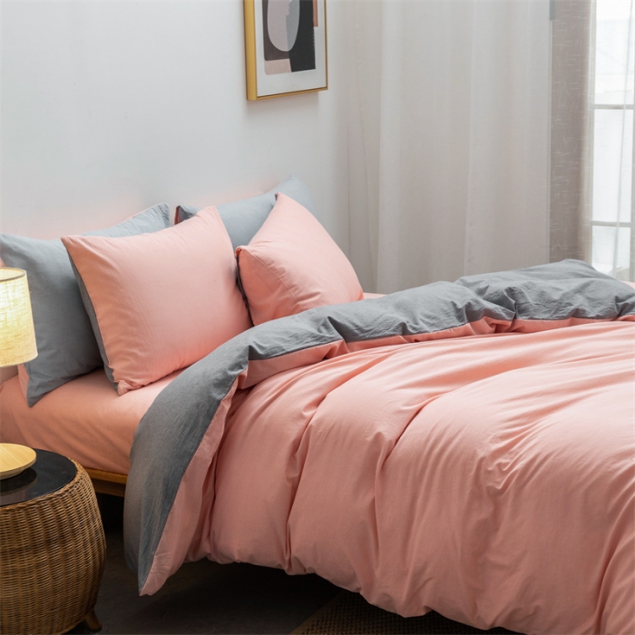 91家纺网 家纺一手货源 找家纺 棉邦 2022新款全棉色织水洗棉四件套 浅粉+浅灰