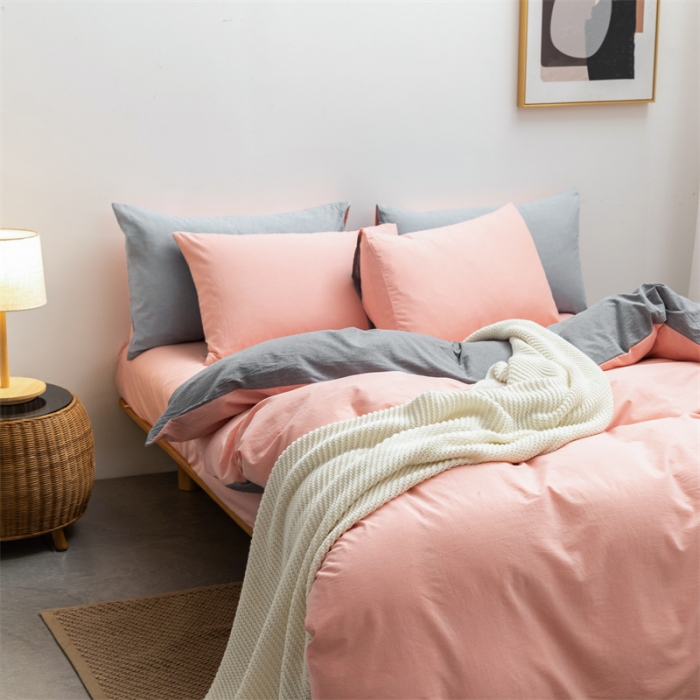 91家纺网 家纺一手货源 找家纺 棉邦 2022新款全棉色织水洗棉四件套 浅粉+浅灰