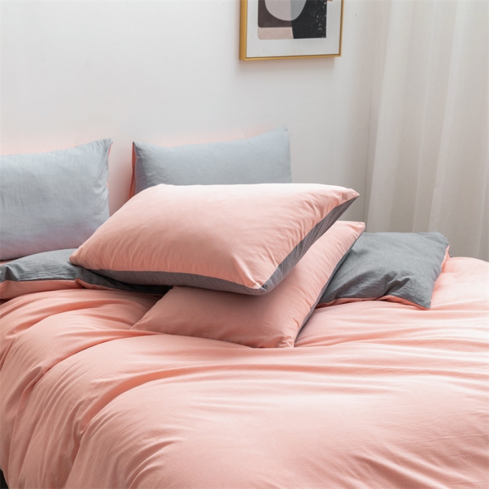 91家纺网 家纺一手货源 找家纺 棉邦 2022新款全棉色织水洗棉四件套 浅粉+浅灰