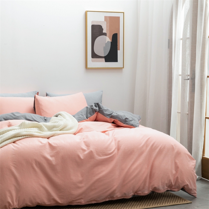 91家纺网 家纺一手货源 找家纺 棉邦 2022新款全棉色织水洗棉四件套 浅粉+浅灰