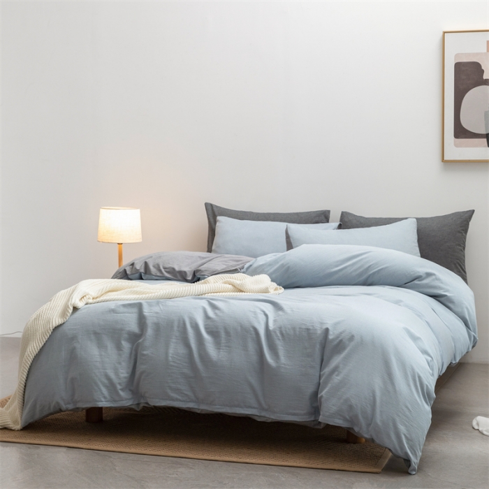 91家纺网 家纺一手货源 找家纺 棉邦 2022新款全棉色织水洗棉四件套 浅蓝+浅灰