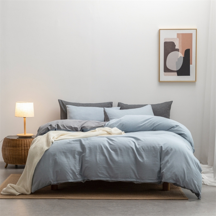 91家纺网 家纺一手货源 找家纺 棉邦 2022新款全棉色织水洗棉四件套 浅蓝+浅灰