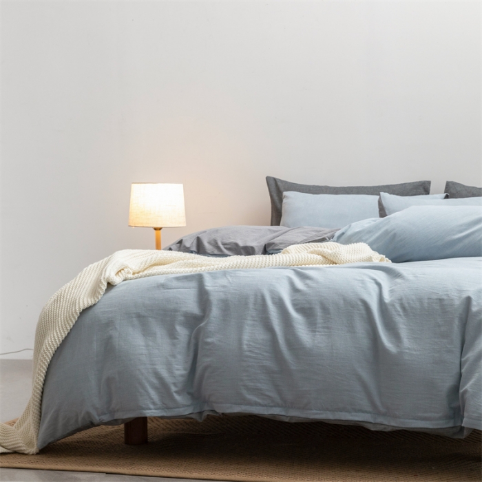 91家纺网 家纺一手货源 找家纺 棉邦 2022新款全棉色织水洗棉四件套 浅蓝+浅灰