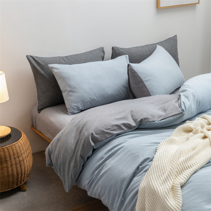 91家纺网 家纺一手货源 找家纺 棉邦 2022新款全棉色织水洗棉四件套 浅蓝+浅灰