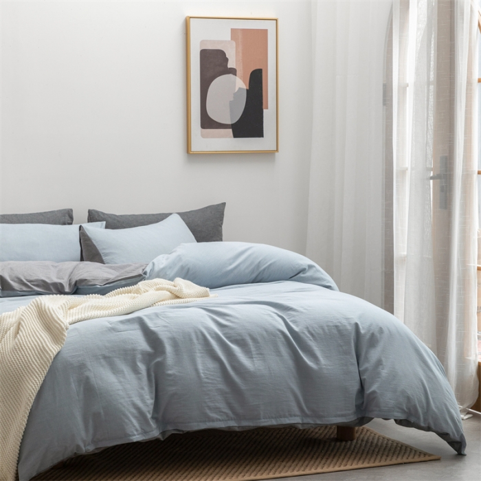 91家纺网 家纺一手货源 找家纺 棉邦 2022新款全棉色织水洗棉四件套 浅蓝+浅灰