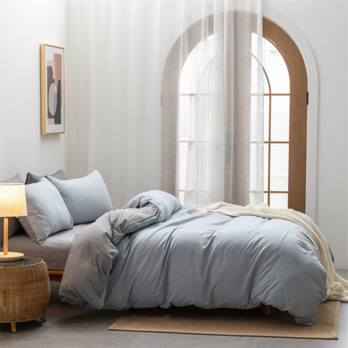 91家纺网 家纺一手货源 找家纺 棉邦 2022新款全棉色织水洗棉四件套 浅蓝+浅灰