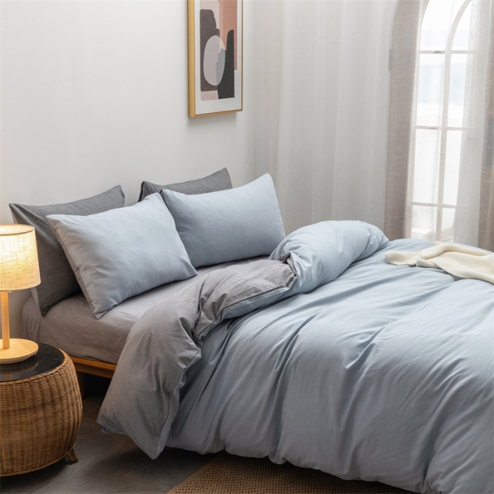91家纺网 家纺一手货源 找家纺 棉邦 2022新款全棉色织水洗棉四件套 浅蓝+浅灰