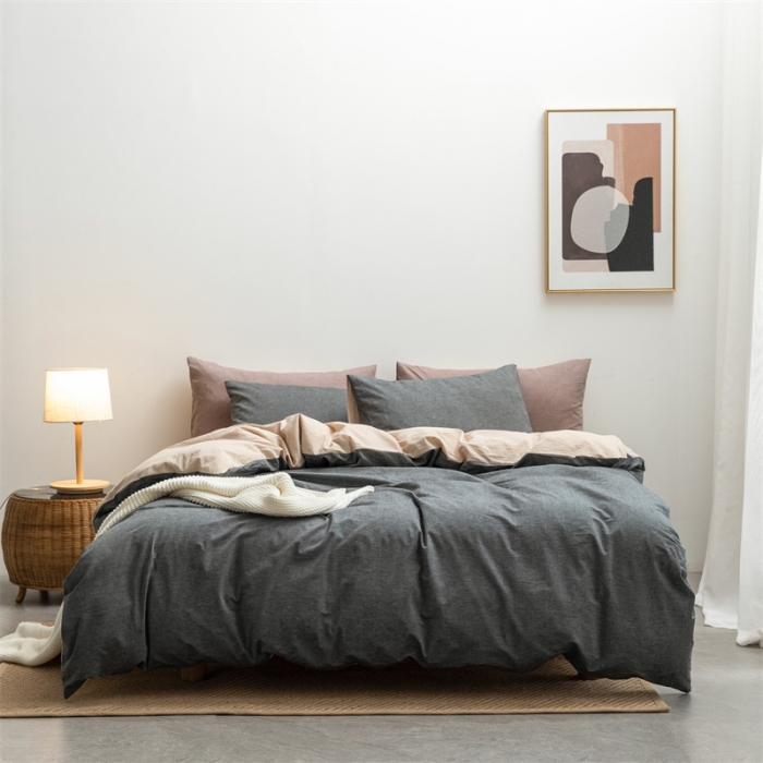 91家纺网 家纺一手货源 找家纺 棉邦 2022新款全棉色织水洗棉四件套 深灰+卡其