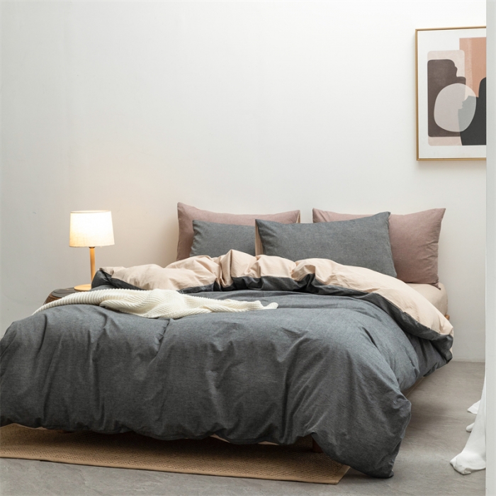 91家纺网 家纺一手货源 找家纺 棉邦 2022新款全棉色织水洗棉四件套 深灰+卡其