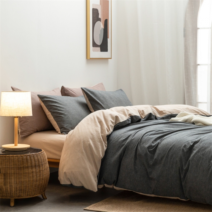 91家纺网 家纺一手货源 找家纺 棉邦 2022新款全棉色织水洗棉四件套 深灰+卡其