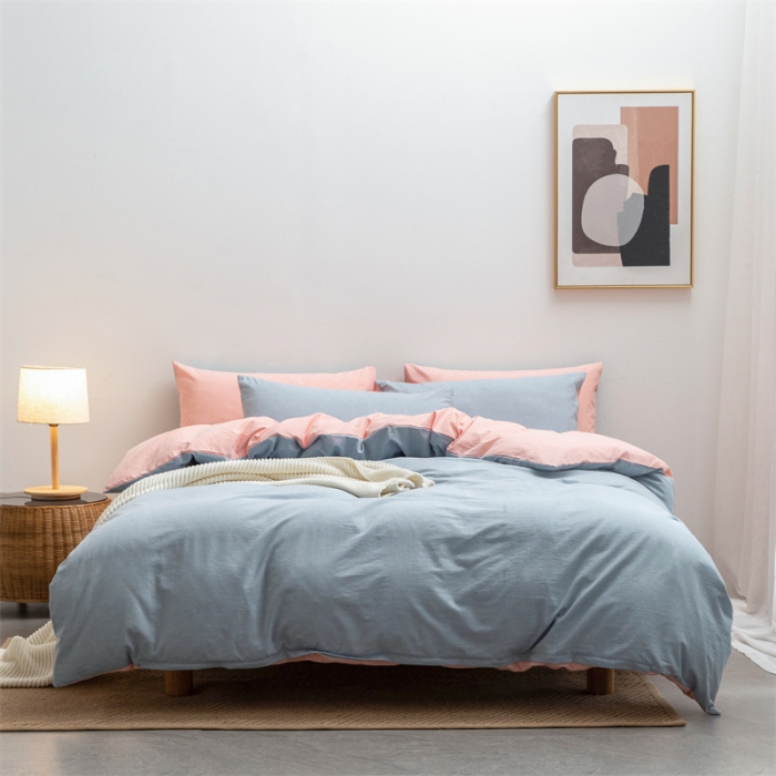 91家纺网 家纺一手货源 找家纺 棉邦 2022新款全棉色织水洗棉四件套 浅蓝+浅粉