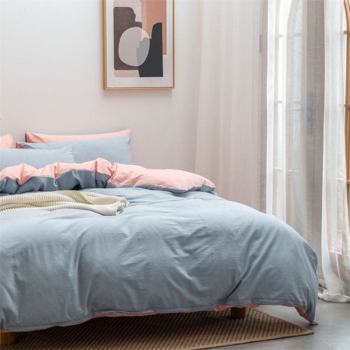 91家纺网 家纺一手货源 找家纺 棉邦 2022新款全棉色织水洗棉四件套 浅蓝+浅粉