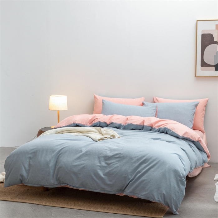 91家纺网 家纺一手货源 找家纺 棉邦 2022新款全棉色织水洗棉四件套 浅蓝+浅粉