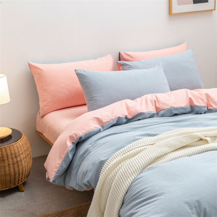 91家纺网 家纺一手货源 找家纺 棉邦 2022新款全棉色织水洗棉四件套 浅蓝+浅粉