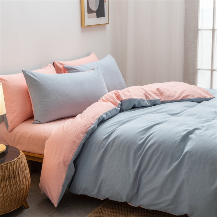 91家纺网 家纺一手货源 找家纺 棉邦 2022新款全棉色织水洗棉四件套 浅蓝+浅粉