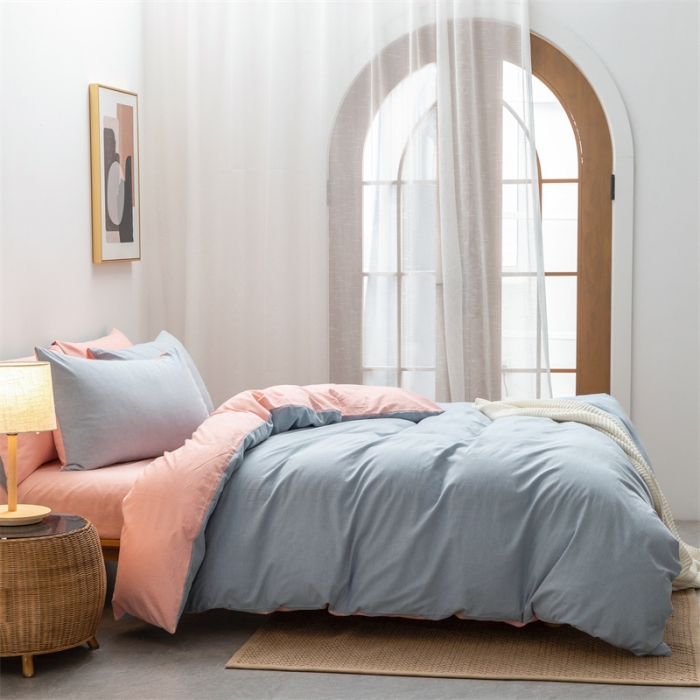 91家纺网 家纺一手货源 找家纺 棉邦 2022新款全棉色织水洗棉四件套 浅蓝+浅粉