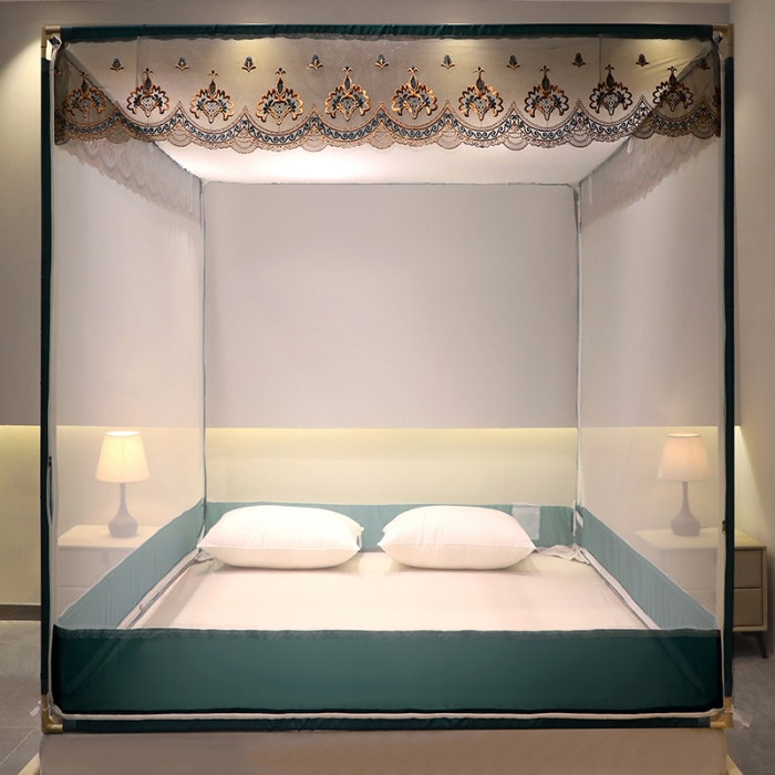 91家纺网 家纺一手货源 找家纺 博诺蚊帐 2022新款全底防摔坐床烤漆刺绣蚊帐 福黛墨绿