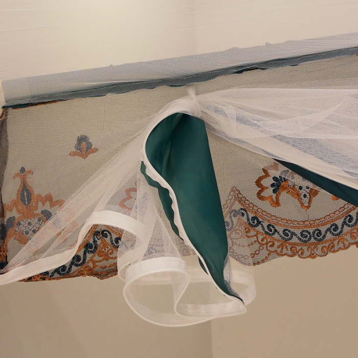 91家纺网 家纺一手货源 找家纺 博诺蚊帐 2022新款全底防摔坐床烤漆刺绣蚊帐 福黛墨绿